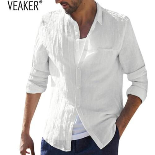 2019 New Mens Casual Cotton linen shirt Male White Long Sleeve Shirts Men Autumn Solid Color Flax Shirt Tops S-2XL
