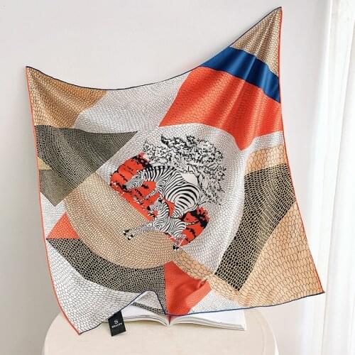 90cm Manual Hand Rolled Twill Silk Scarf Women Running Zebra Print Curled Square Scarves Echarpes Foulards Femme Wrap Bandana