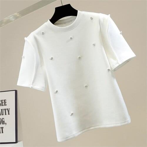 Pearl Beaded Round Neck Pullover Short Sleeve Casual T-shirt Women Loose All-Matching Tees Lady Chic Top White Black