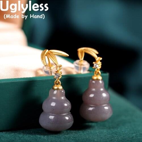 Uglyless China Chic Bamboo Earrings for Women Handmade 925 Silver Bamboo Leaves Ethnic Jewelry Hotan Jade Earrings Gold Brincos