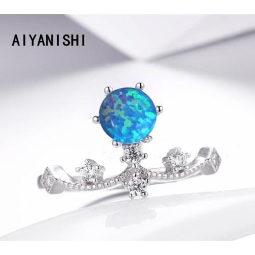 AIYANISHI Vintage 925 Sterling Crown Ring Classic Wedding Round Blue Opal Ring Silver Jewelry For Women Wedding Christmas Gifts