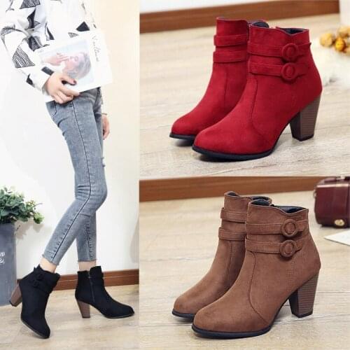 Double Buckle Womens Boots Autumn and Winter Warm Womens Shoes Thick Heel Light Elastic Short Ankle Boots Ladies Casual Shoes