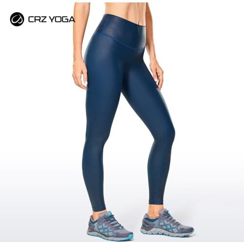 CRZ YOGA Womens Faux Leather Yoga Leggings Fashion High Waisted Workout Pants with Inner Pocket -25 Inches