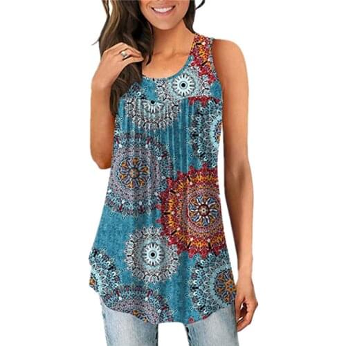 Bohemian Ethnic Print Ruched O-neck Sleeveless Vest Loose Summer Tank Tops for Women Casual Vintage Floral Plus Size Women Tops