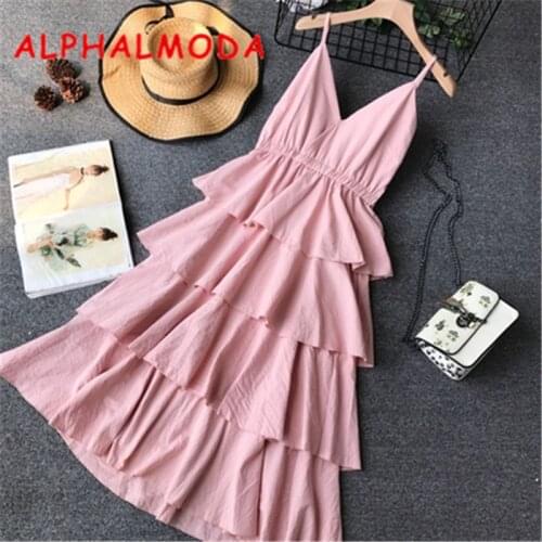 ALPHALMODA 2018 Summer Womens Cute Cake Dress V Collar Elastic High Waist Layer Ruffled Cake Ladies Princess Solid Vestidos