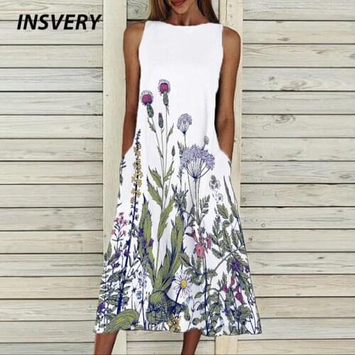 Vintage Print Dress 2021 Sleeveless O Neck Pocket Casual Long Dress Women Summer Party Dresses For Women Plus Size S-3XL