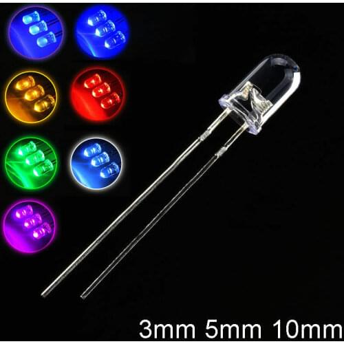 100pcs Transparent Round 3mm/5mm/10mm super bright water clear Orange Green Red white Yellow Blue Light LED bulbs emitting diode