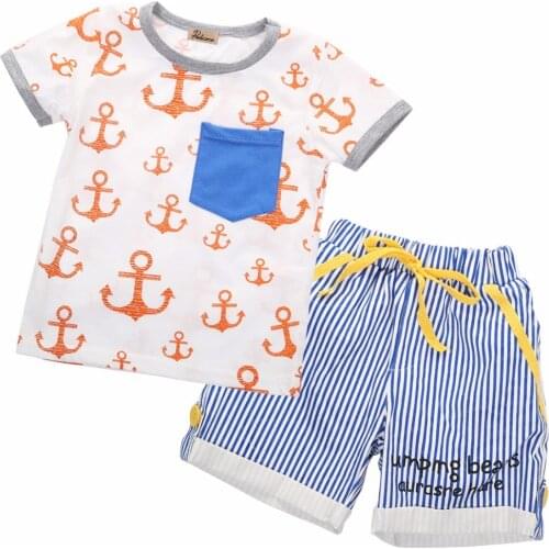 2017 Children Baby Kids Boys 2pcs Clothes Cute Animal Anchor Short Sleeve Tops T-shirt Striped Pants Outfits Clothes Sets Brand