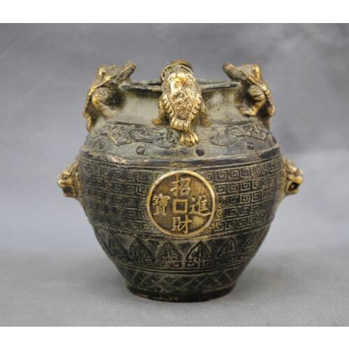 4'' China Carving Jar Toad Lion Auspicious Bronze Statue