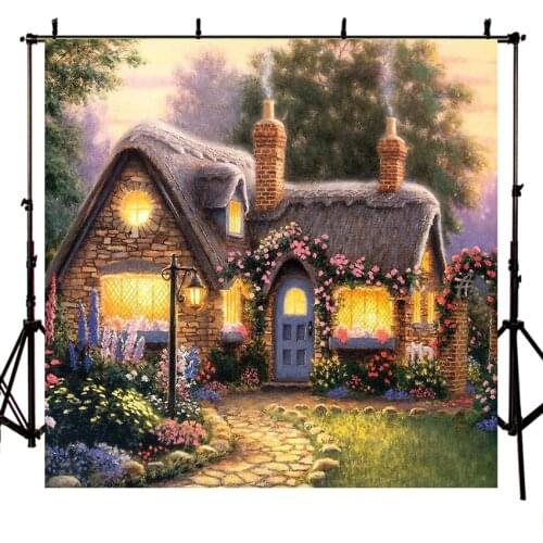 Photo Studio Backgound Vintage Wooden Cottage Chimney House Flowers Garden Photography Backdrops Vinyl Photocall Props