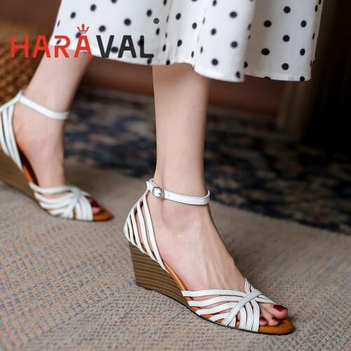 HARAVAL Women Sandals Shoes Casual Genuine Leather Wedges Sewing Fish Mouth Sheepskin White Buckle Strap Adult Shoes ClassicB268