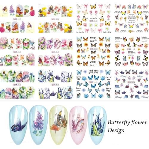12 Designs Colorful Lovely Flower Butterfly Nail Sticker Water Decal Slider Design Nail Tattoos Wraps Decoration MYBN1537-1548