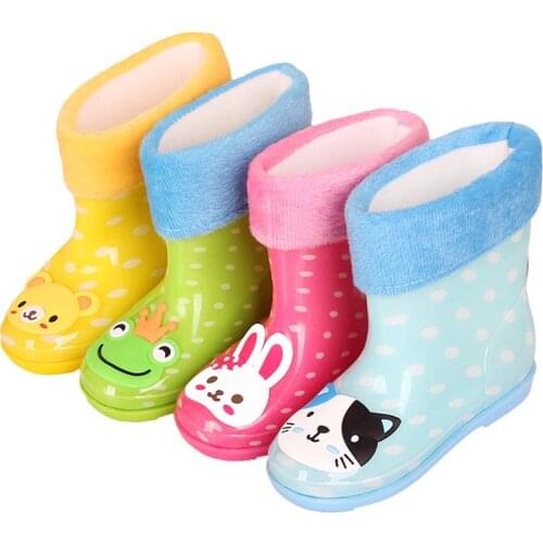Cartoon children\s rain boots anti-skid plus velvet girl boy infant baby boots rubber shoes small kids water shoes