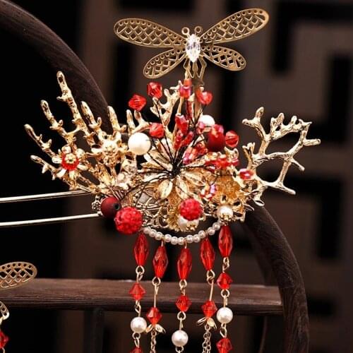 Chinese Xiuhe Dress Bowknot Headdress Bride Phoenix Crown Red Tassel Earrings Hairpin Hair Comb Set Wedding Clothing Accessories