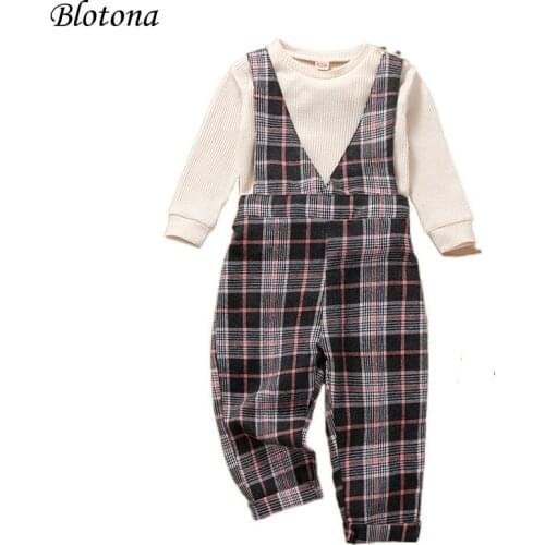 Blotona 2Pcs Toddler Fashion Outfit, Solid Color Long Sleeve T-Shirt + Plaid V-Neck Suspenders Pants for Girls, 18Months-6Years