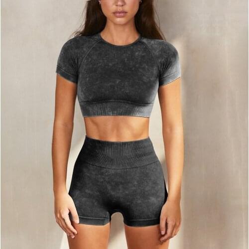 2 Piece Seamless Yoga Set Women Gym Clothes Workout Sportswear Fitness Short Sleeve Crop Top High Waist Shorts Sport Set Female