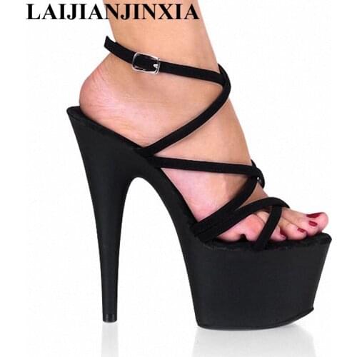 LAIJIANJINXIA 17cm Black Shoes for women sandals High Heels pole dancing sexy Shoes Buckle Strap Dance shoes G-058