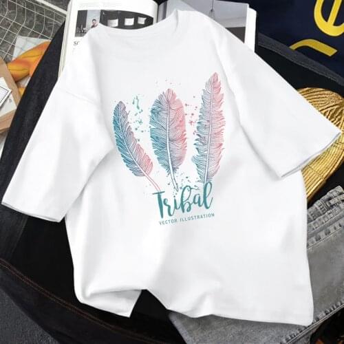 Summer Oversized T Shirt Women Feather Printed Tshirt Woman Casual Tee Shirts Harajuku Tops Vogue Female T-shirt Cartoon Clothes