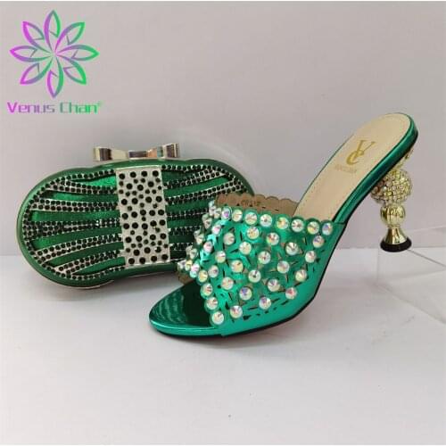 Fashionable Italian Shoes and Bag Set African Sets Green Color SlippersNigerian Shoes with Matching Bags for Royal Wedding Party