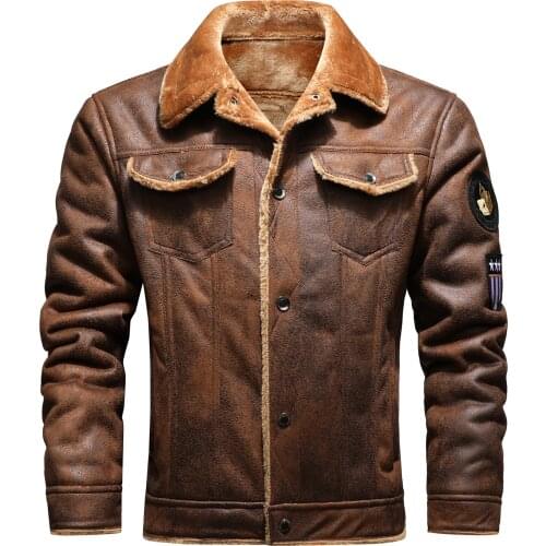 Mens Winter Leather Jacket Motorcycle Coat Lining Velvet Lapel Retro Air Force Faux Leather Black PU Warm Coat