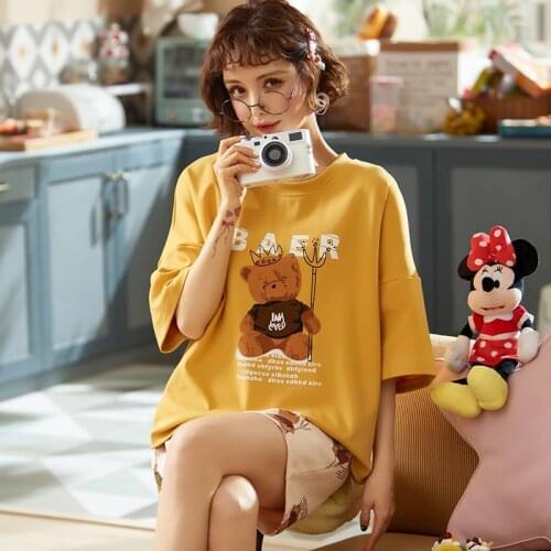 New Short Sleeve Shorts Pajamas Set Women Night Suit Cotton Cute Sleepwear Summer Nightgown Loose Casual Nightwear Home Clothing