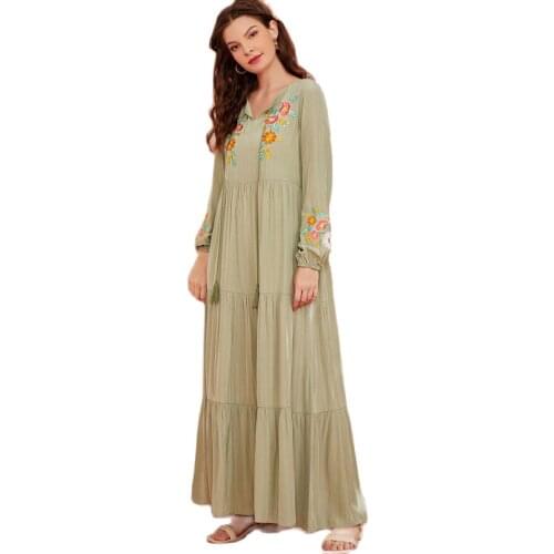 Plain Abaya Ethnic Round Neck Lace Embroidery Splicing Long Sleeve Abaya Velour Mca2154