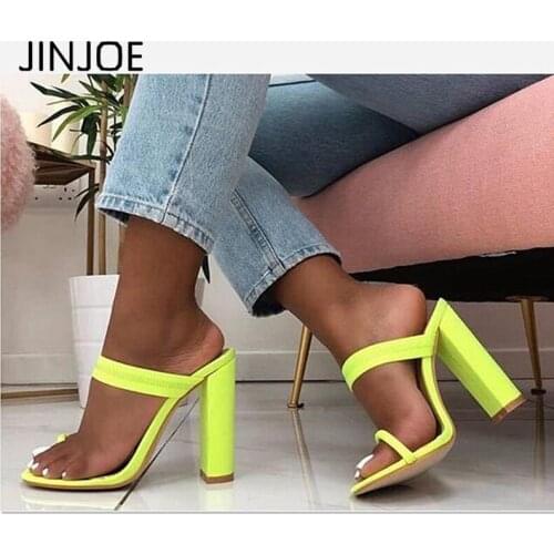 JINJOE Summer Sandals Slippers Thin High Heels Sandals Flip Flop Buckle Hollow Women Shoes Sexy Slippers Pumps Fluorescent green