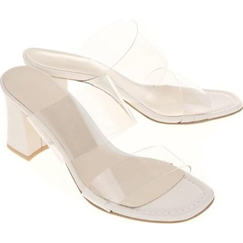 2020 Summer Wild Transparent Coarse Heel Beige Sandals Small Number Fashion In Heel Sandals Slippers Size 33-42