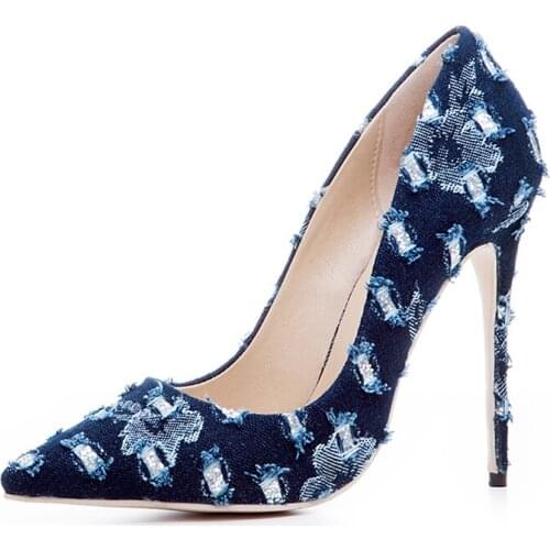 ShionBay fashion denim high heel women shoes party sexy shoes slip-on blue shoes plus size