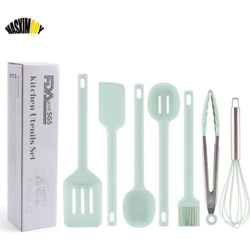 Silicone Kitchenware 7Pcs Kitchen Utensils Sets Food Tongs Egg Beater Ladle Non-stick Silicone Frying Spatula Cooking Tools