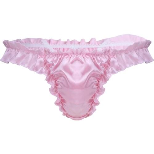 Sexy Mens Briefs Thong Panties Male Ruffled Frilly Satin Lingerie Soft Shiny Bikini G-strings Sissy Gay Underwear Underpants