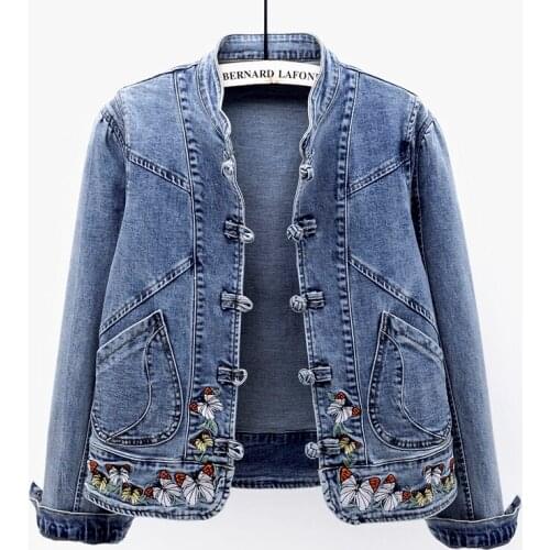 Autumn New Vintage Butterfly Embroidery Denim Jacket Women Slim Short Outerwear Stand Collar Jeans Jacket Coat Female Streetwear