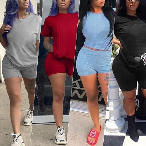 Two-piece Candy Color Womens Clothing Short-sleeved Crew Neck T-shirt Tight-fitting Shorts Simple Style Tracksuit Outfits