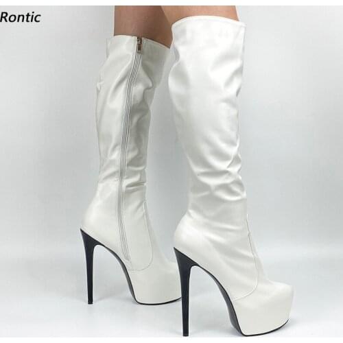 Rontic Handmade Women Winter Knee Boots Faux Leather Unisex Sexy Stiletto Heel Round Toe Fabulous White Party Shoes Us Size 5-20