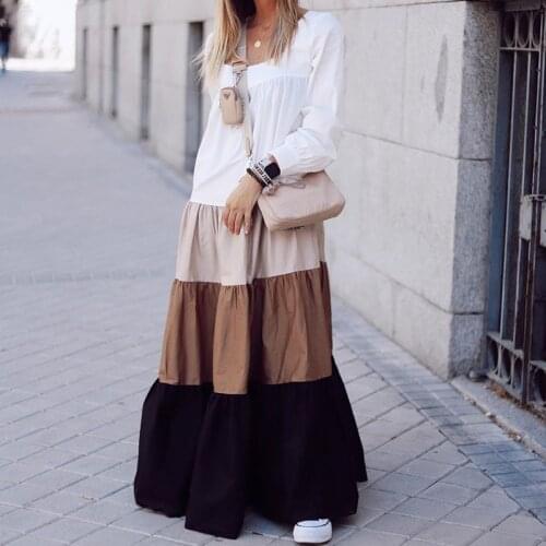 Woman Long Dress Autumn Patchwork Loose Long Sleeve Square Collar Bohemian Casual Female Maxi Floor Length Dresses