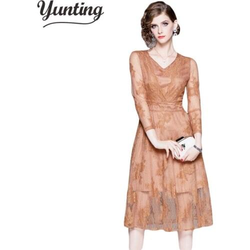 Temperate A-line Lace Dress Women Spring Full Sleeve Long Swing Dresses OL Special Occasion Evening Party Vestidos