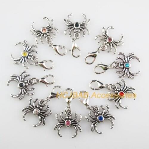 10 New Spider 17mm Charms Mixed Round Crystal Tibetan Silver Plated Retro With Lobster Claw Clasps