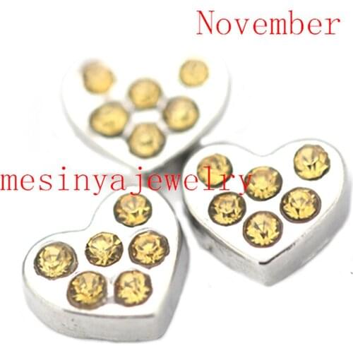 10pcs Heart Shape Inlay Crystal November Yellow Birthstone Custom Floating Charms For Glass Locket
