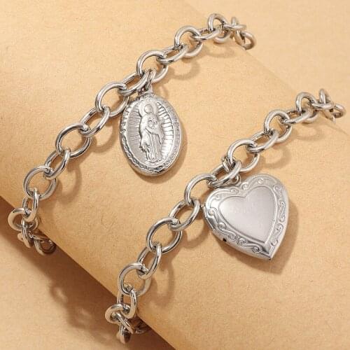 2Pcs/Set Heart Bracelets For Women Men Punk Hip Hop Chain Bracelet Idol Saint Pendant Bangle Adjust Jewelry Silver Color