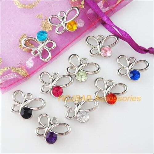 30 New Animal Charms Dull Silver Plated Mixed Crystal Butterfly Pandants 14x19mm