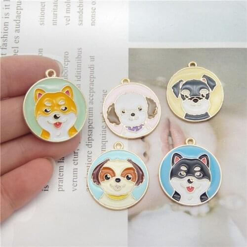 Julie Wang 5PCS Enamel Dog Tag Charms Round Cartoon Teddy Shiba Animal Pendant Bracelet Earrings Jewelry Making Accessory