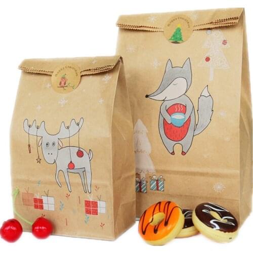 6/12pcs Colorful Deer Kraft Paper Bags 15x6x26 12x6x21CM Candy Snack Bread Paper Bag Gift Packing Bags With Christmas Stickers