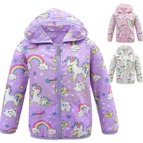 Kids Rain Jacket Baby Girl Boy Clothing Spring Children Print Unicorn Hooded Coat Wind Proof Windbreaker Outerwear Tops 2-10T