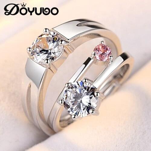 DOYUBO Beauty Pink Color CZ Loverss Silver Rings High Quality 925 Sterling Silver Open Size Couples Rings Fine Jewelry VB224