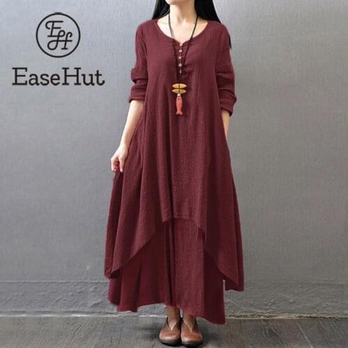 EaseHut Women Vintage Long Dress Kaftan Long Dress Robe 5XL Plus Size Button Loose Cotton Linen Dress Female Autumn Maxi Dress