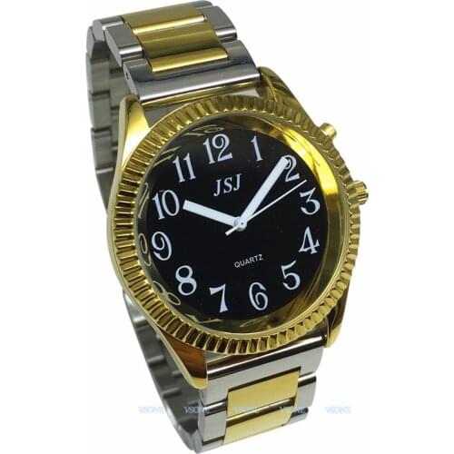 English Talking Watch with Alarm Function, Talking Date and time,Black Dial, Folding Clasp, Golden Case TAG-305