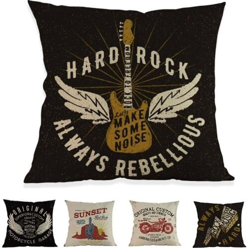 Classical Rock And Roll In Western Motorcycle Guitar Wings Hard Rock Rebellious Letters PillowCase Home Decorative Cushion Cover