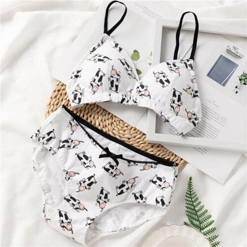 Cartoon Cows Pattern Underwear Set Women French Triangle Cup Bra Cotton Panties Sets Sexy Seamless Breathable Lingerie Female