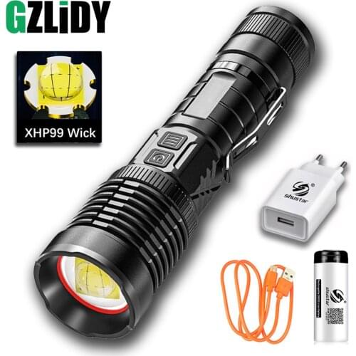 Powerful XHP99 LED Flashlight Zoom USB Rechargeable Torch with Smart Switch Waterproof Camping Lantern 18650 Bicycle Light