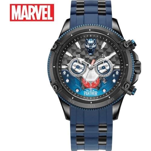 Disney Marvel Official BLACK PANTHER Men Quartz WristWatches 50m Waterproof Stainless Steel Montre Homme Army Multiple Time Zone